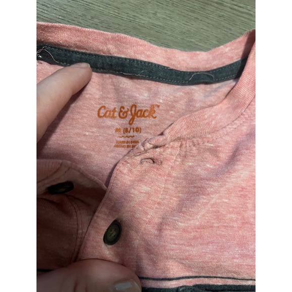 Cat & Jack Boys Short Sleeve Henley Shirt Coral Pink Navy Blue Striped - Picture 3 of 4